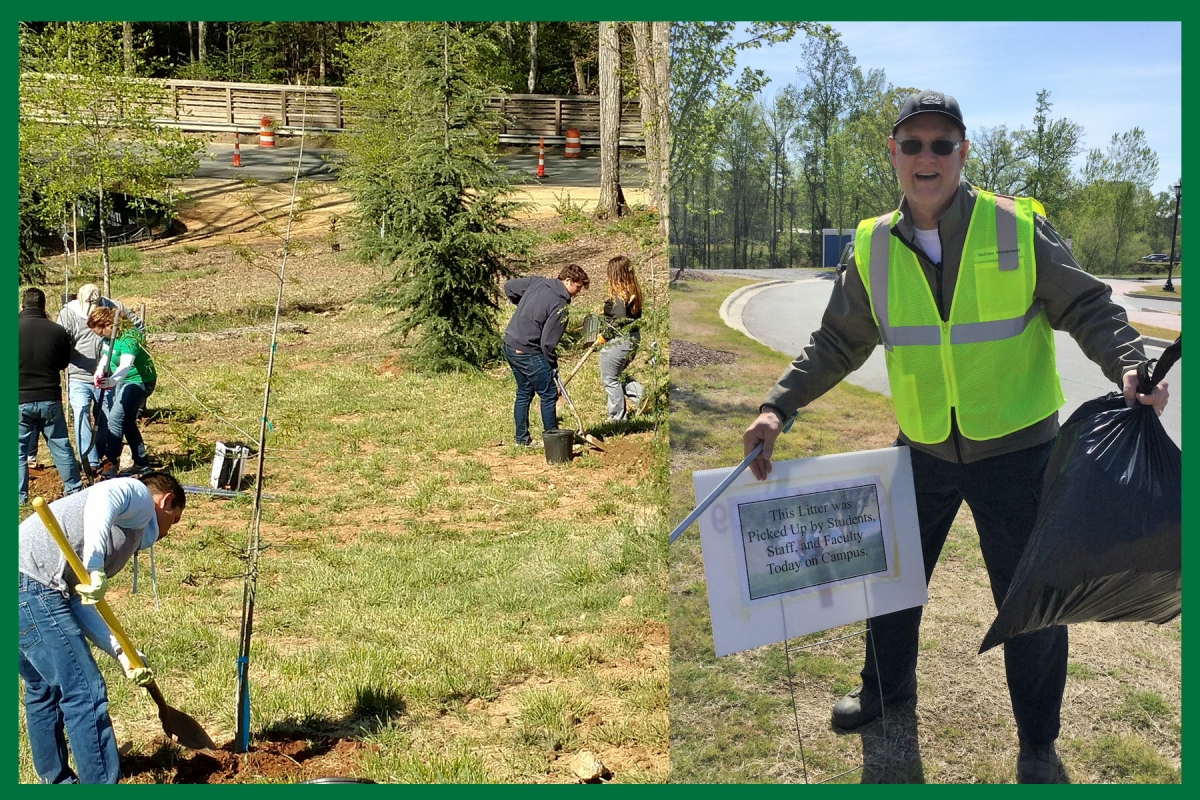 Tree planting and campus cleanup volunteers