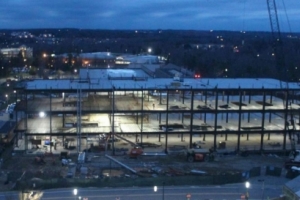 Nighttime view of the Science Building construction