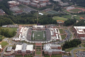 An archived aerial shot of campus